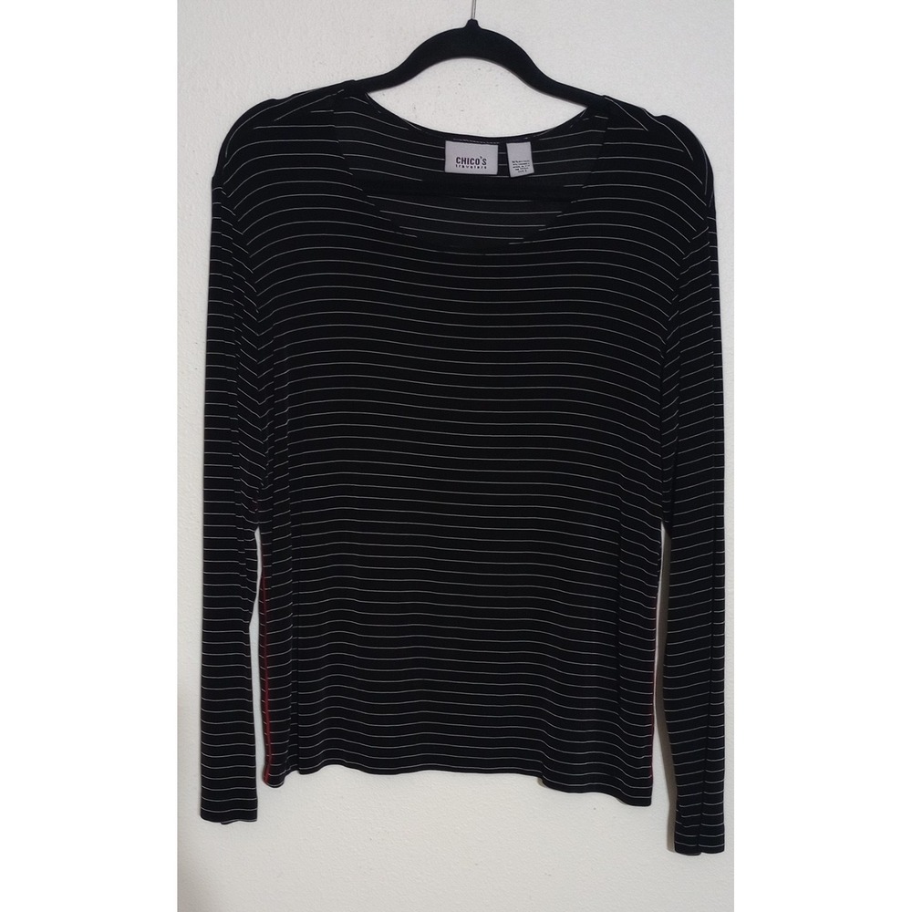 Chico's Travelers Womens Size 2 Lg Black White Striped Long Sleeve Top Red Trim